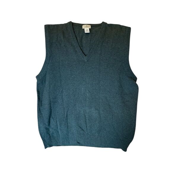 LL Bean Vest Wool LambsWool Sweater Knit V Neck Olive Green Mens Large - Picture 1 of 6